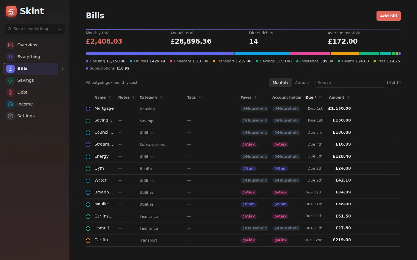 Bills page listing direct debits with categories, payers, due dates and amounts