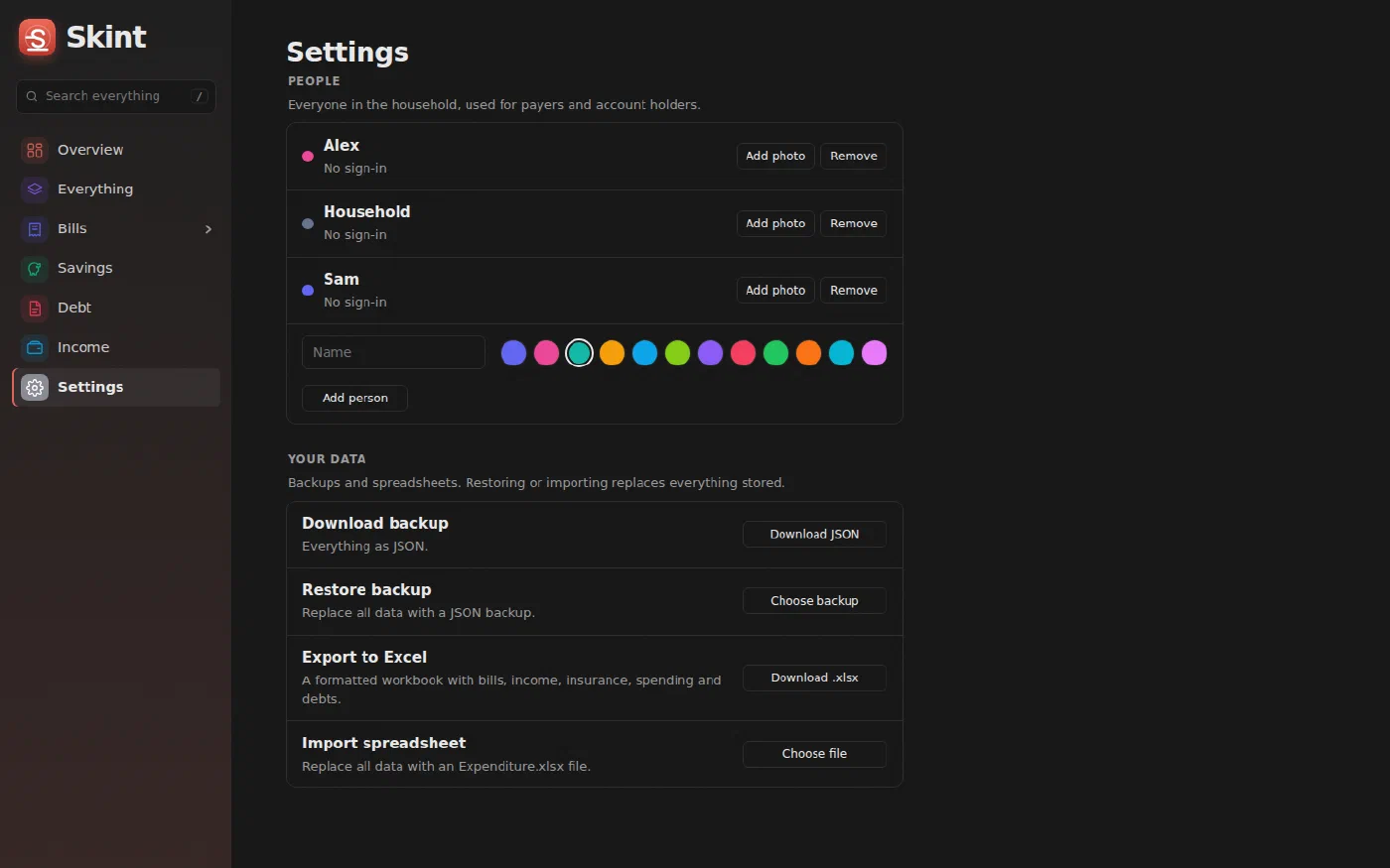 Settings page with people, colours, backup, restore, Excel export and spreadsheet import